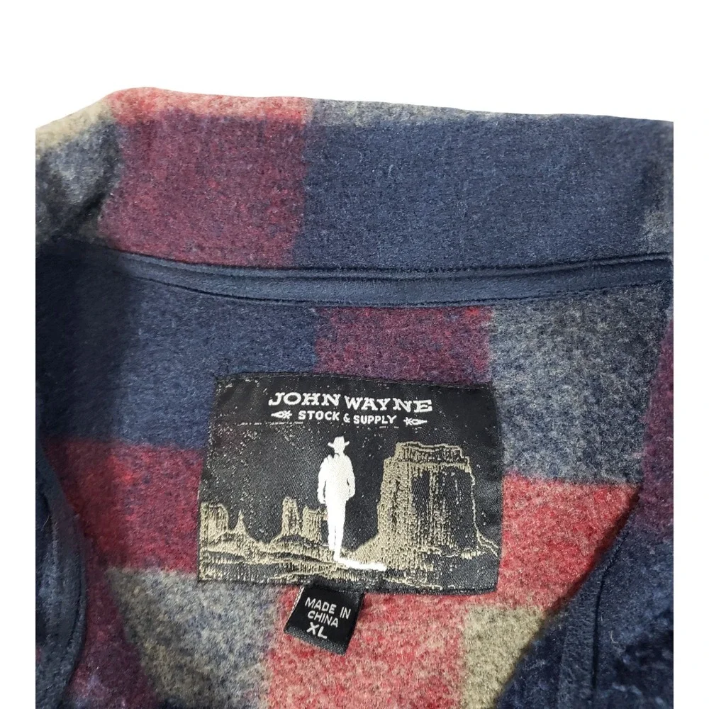 John Wayne Stock & Supply Mens XL Plaid Quarter Zip Fleece Pullover Navy Red